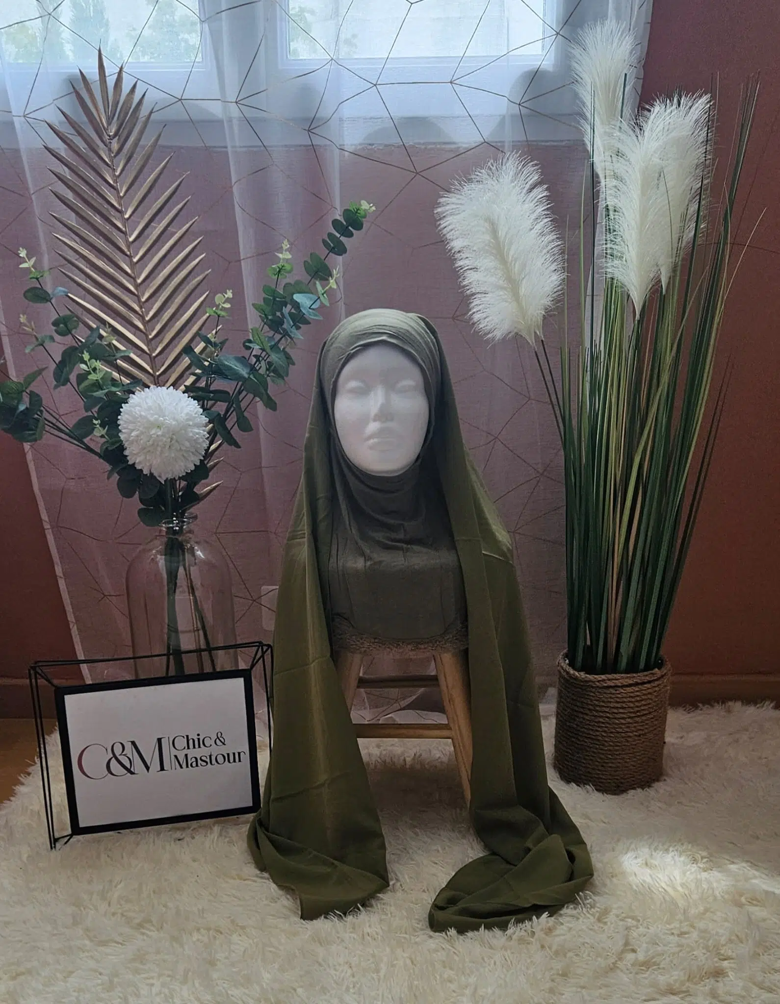 hijab cagoule en soie de Médine kaki face