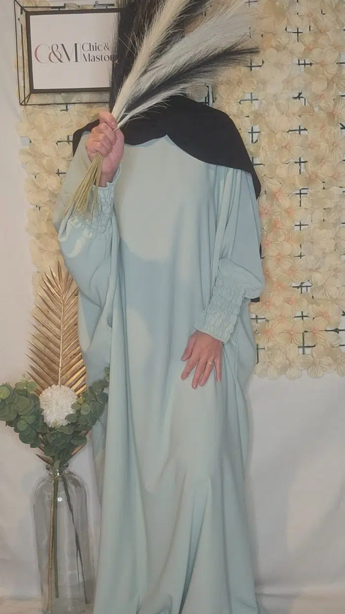Abaya Papillon Manche Elastique Vert d'Eau