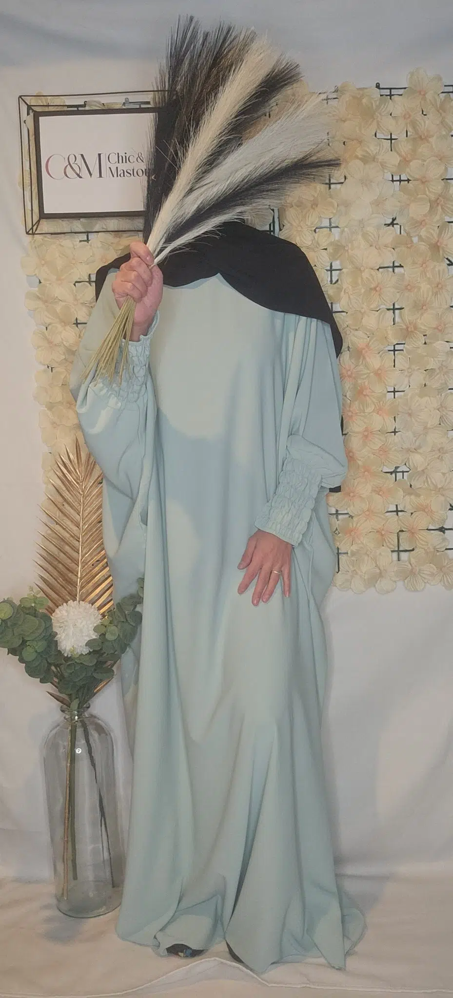 Abaya Papillon Manche Elastique Vert d'Eau