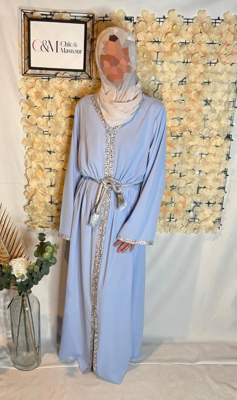 Abaya Aid à Strass Bleu Ciel