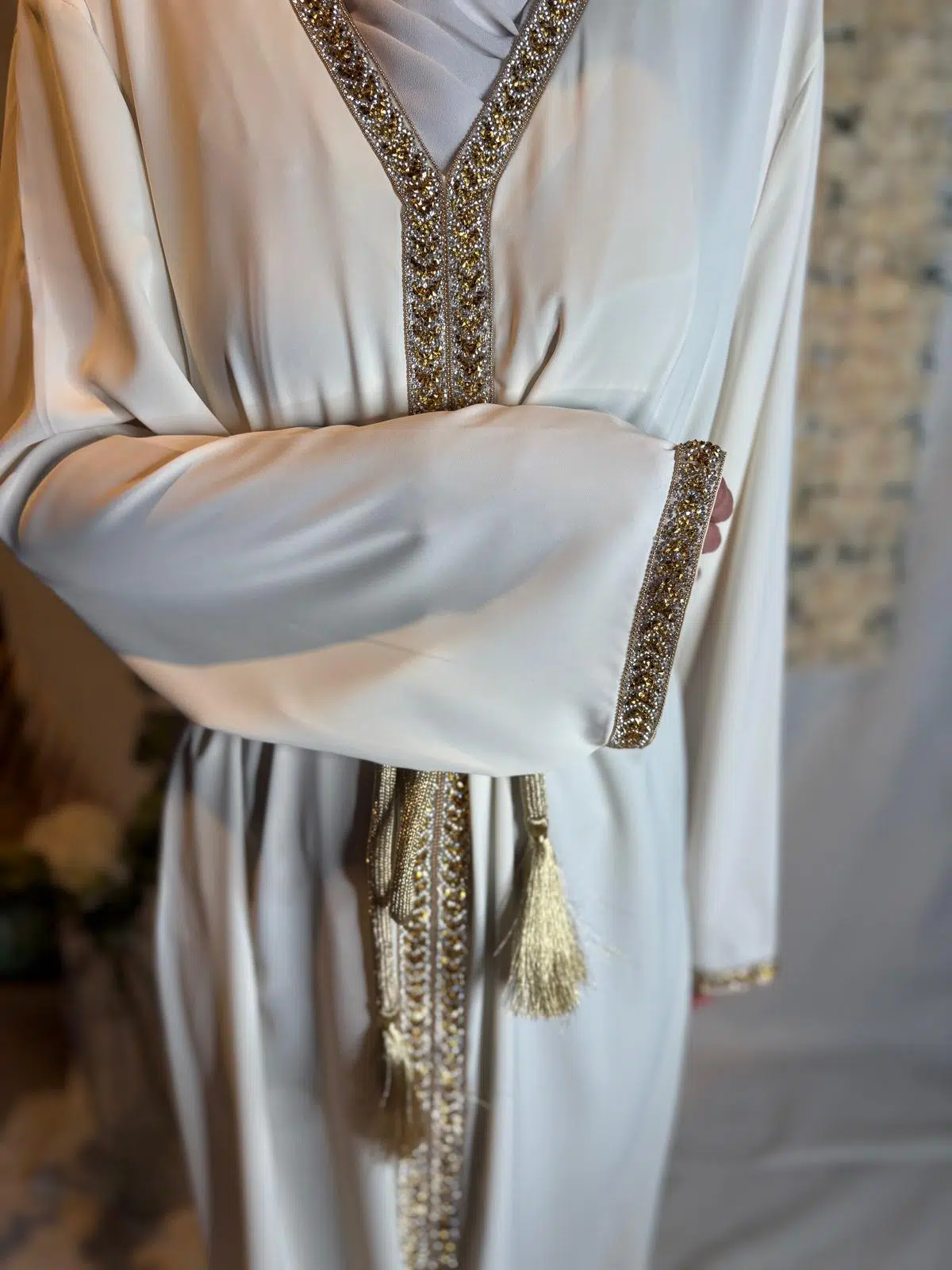Manche Abaya Aid à Strass Blanc