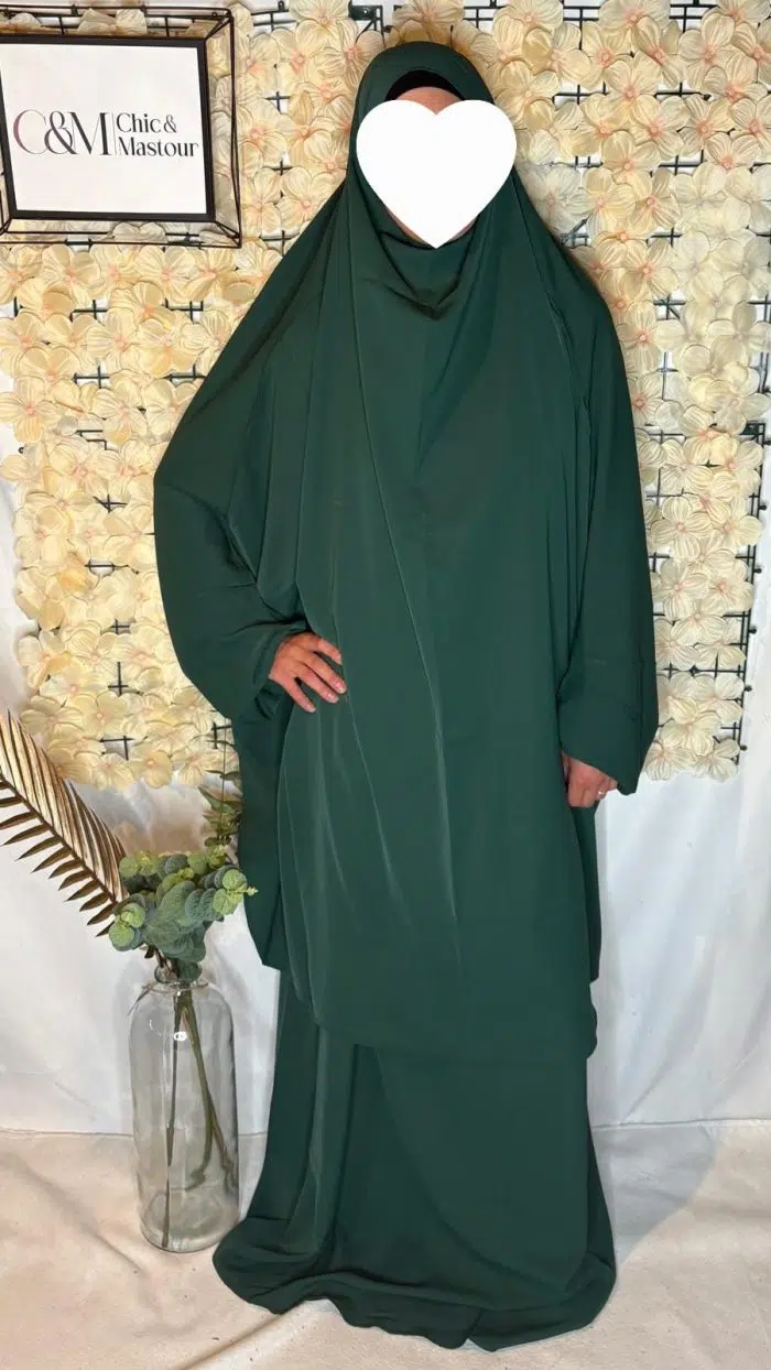 Jilbab 2 pièces soie de médine vert sapin