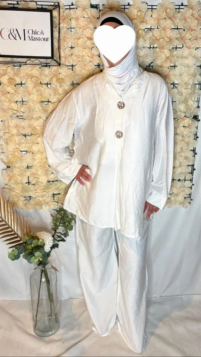 Ensemble Mastour Pas Cher Élégant composé d'un pantalon style palazzo et d'une tunique manche longue avec Boutons Nacrés