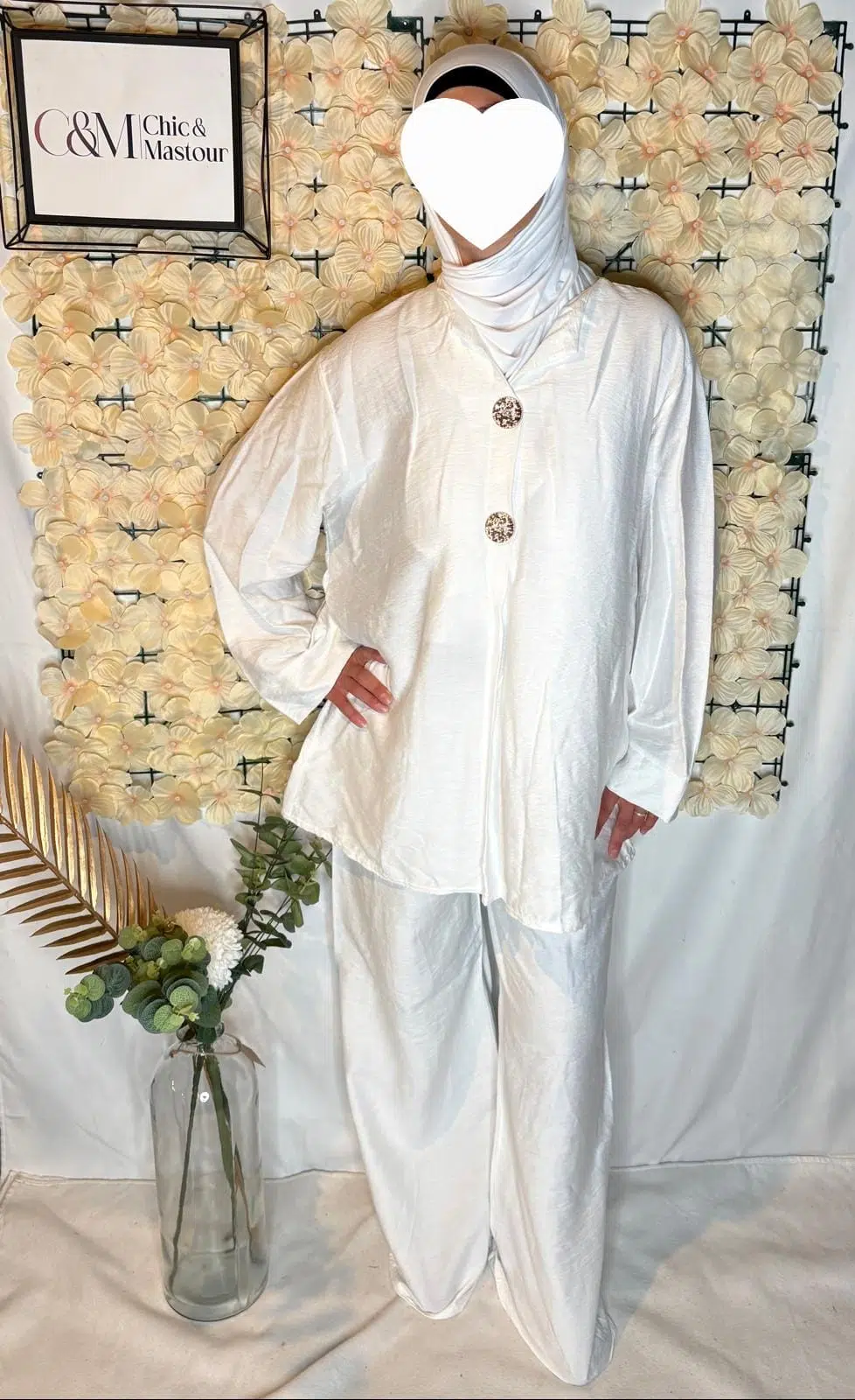 Ensemble Mastour Pas Cher Élégant composé d'un pantalon style palazzo et d'une tunique manche longue avec Boutons Nacrés