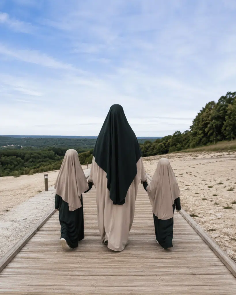 une femme musulmane voilée qui porte un khimar et une abaya de la marque Chic and mastour avec ses 2 filles qui portent également la même tenue sur le bord de la plage
